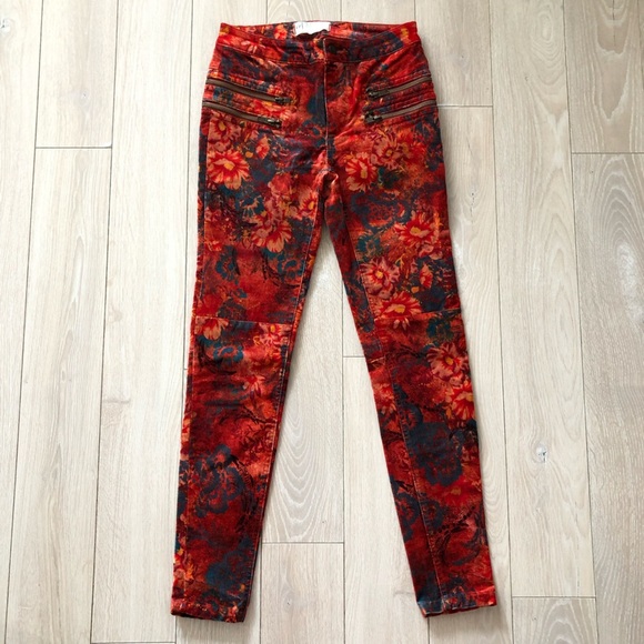 Free People Orange Lennon Funkytown Floral Velvet Skinny Pants Size 0 - Picture 1 of 14